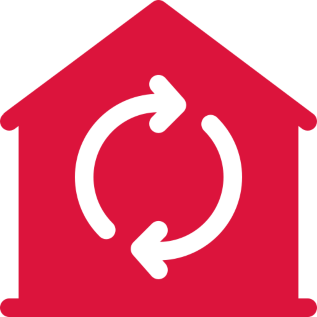 Red house with a white arrow pointing to the right, indicating that it is a home repair icon