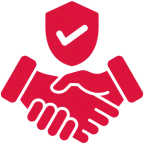 Two people shaking hands with a red shield and a check mark, symbolizing the agreement between them