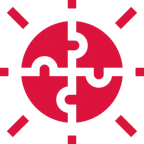 Red puzzle piece in the center of a white background, surrounded by a red circle