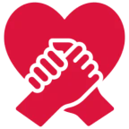 Two hands shaking in front of a red heart, symbolizing a handshake