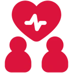 Red heart with a heartbeat line in the middle, surrounded by three people, representing a heart rate monitor