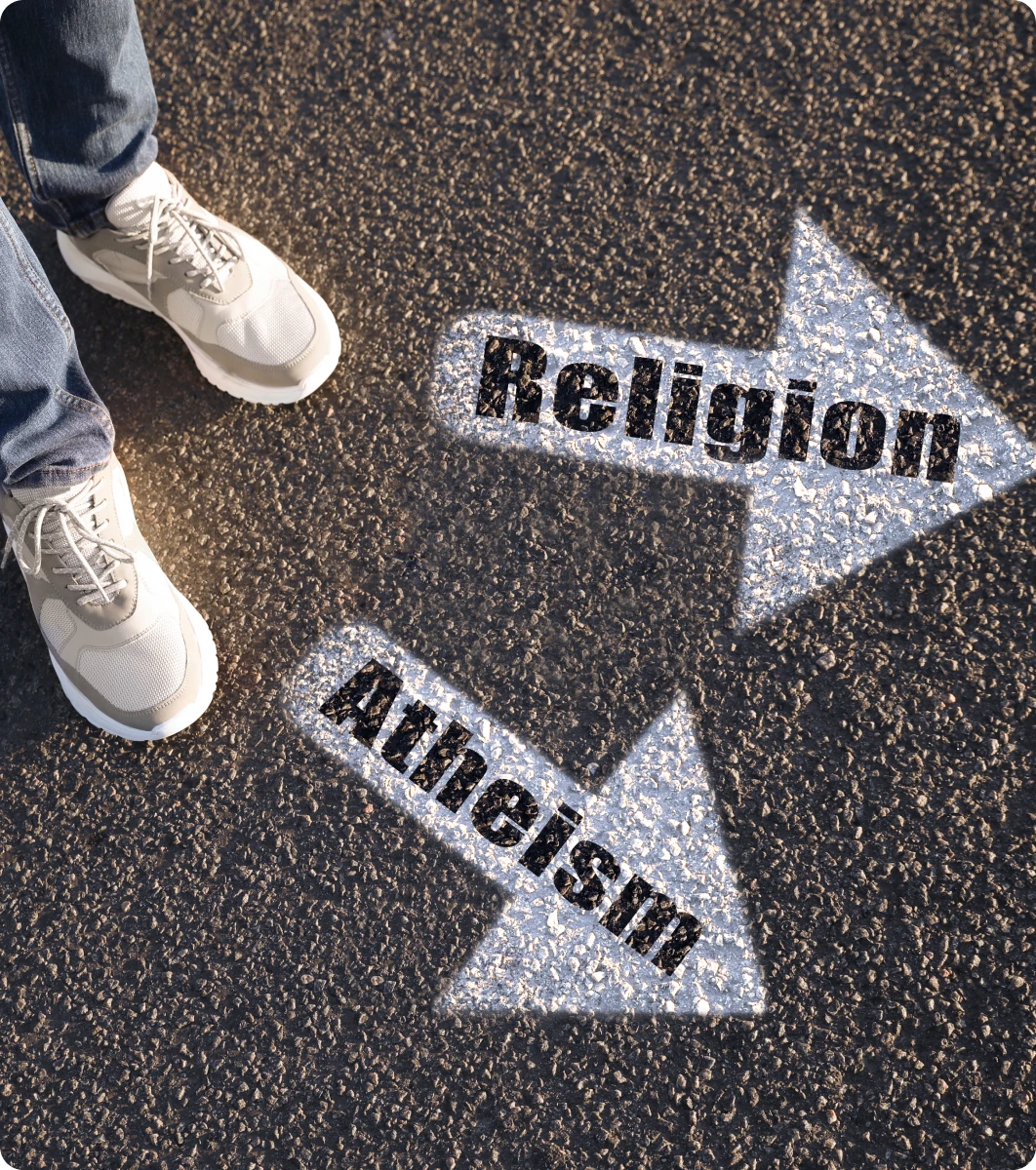 Person standing on a road with two arrows pointing in opposite directions, one pointing to religion